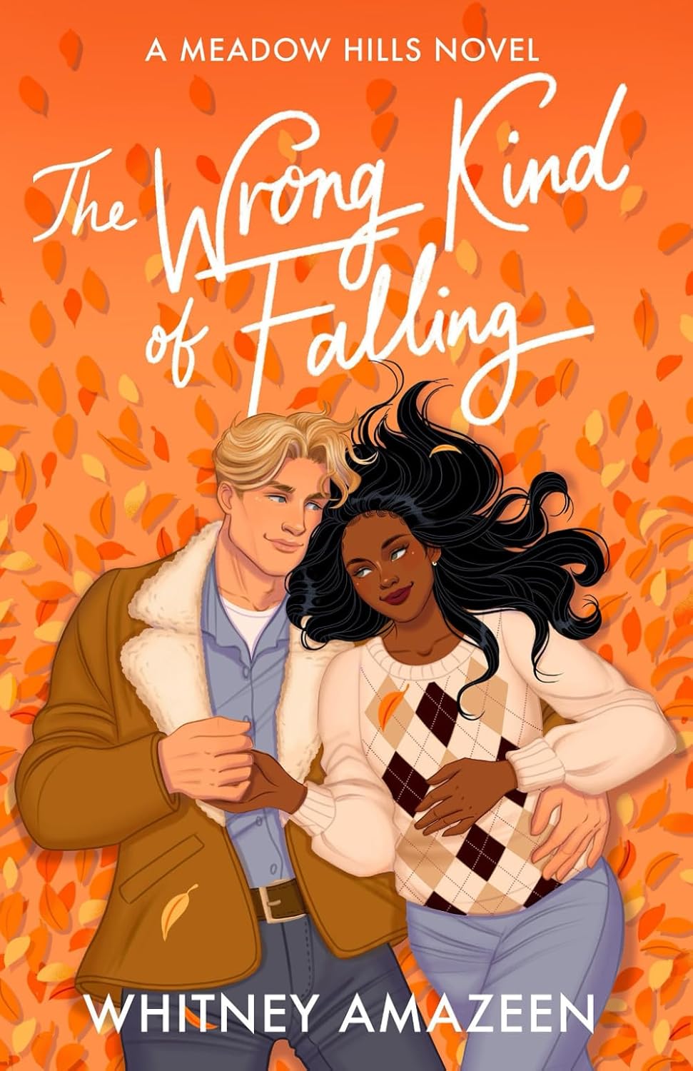 Cover of The Wrong Kind of Falling by Whitney Amazeen. Illustration of a man and woman laying in a bed of orange leaves