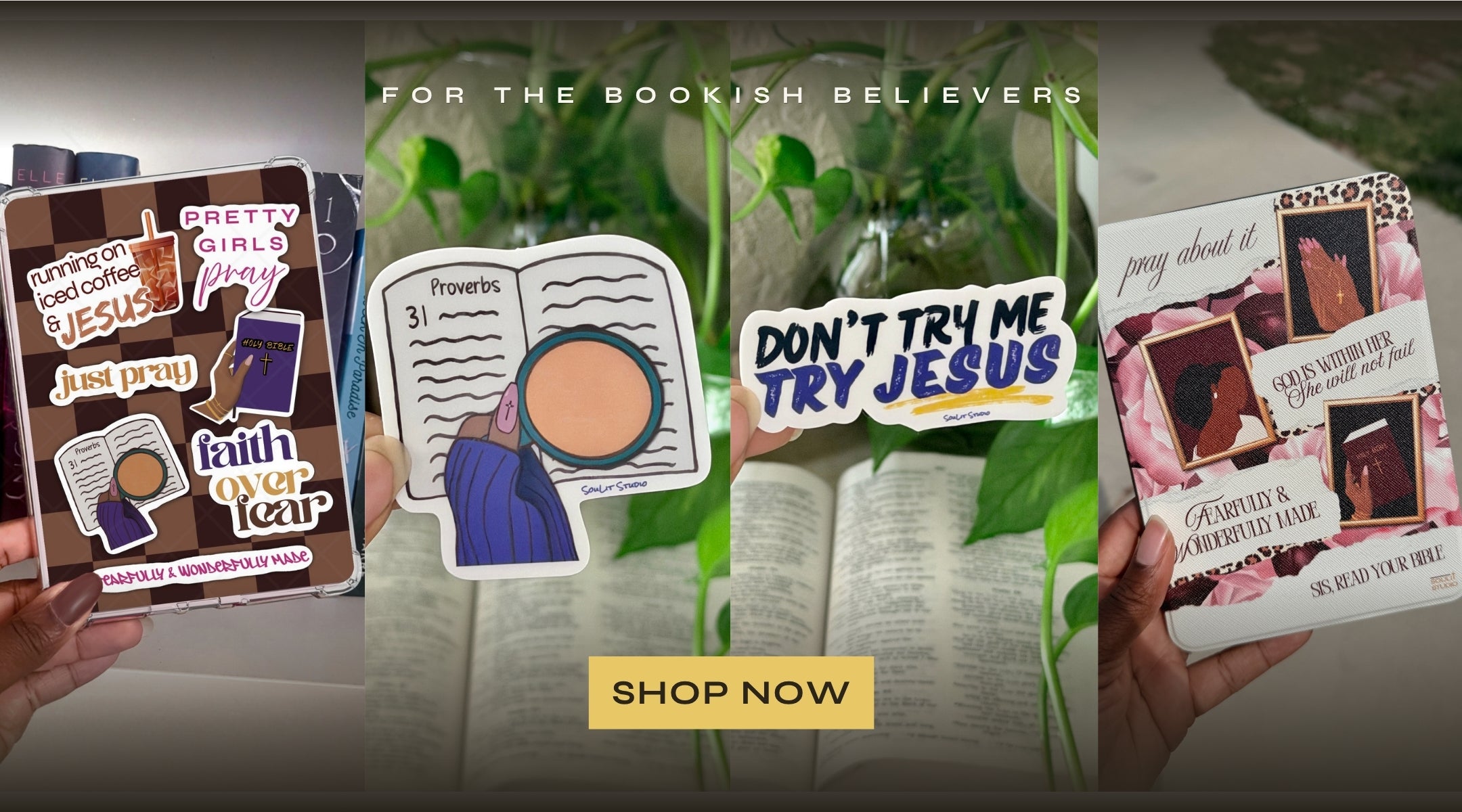 Collection of Kindle accessories and stickers with religious-themed designs held by hands, with a 'Shop Now' button.